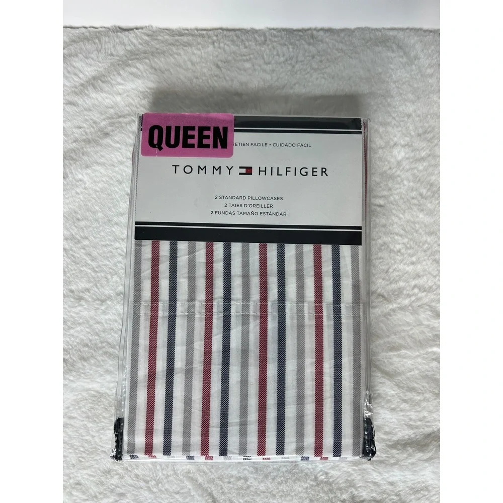 TOMMY HILFIGER BLUE RED & WHITE PINSTRIPE STANDARD PILLOW CASES
